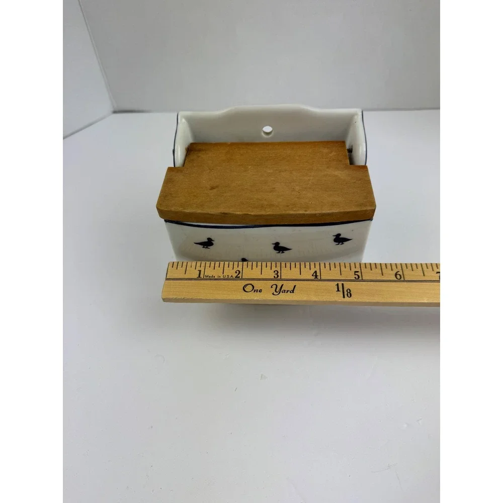 Vintage Shafford Blue Ducks Fine Porcelain Wall Hanging Salt Box Wooden Lid